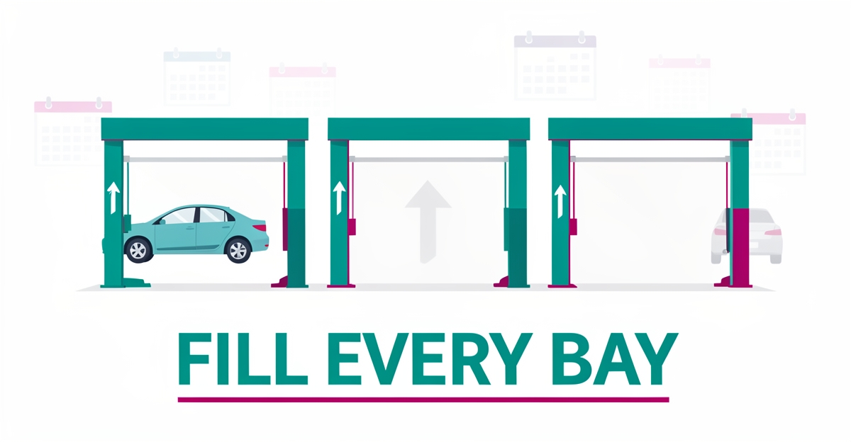 Flat illustration of auto repair service bays filling up with cars, symbolizing improved bay utilization and scheduling for repair shops.