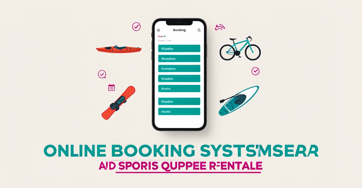 Flat illustration of a smartphone booking calendar surrounded by sports equipment icons in teal and magenta, with the headline Book Smart.