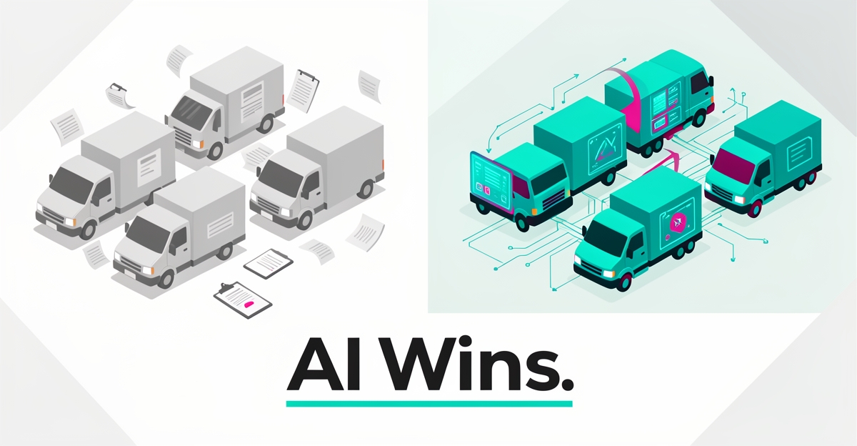 Flat illustration contrasting paperwork-heavy fleet management with streamlined AI automation, teal and magenta accents, with headline reading AI Wins.