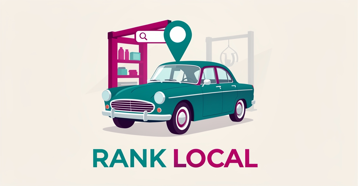Flat illustration of a classic car in a garage with a map pin and search icon, symbolizing local SEO for restoration shops.