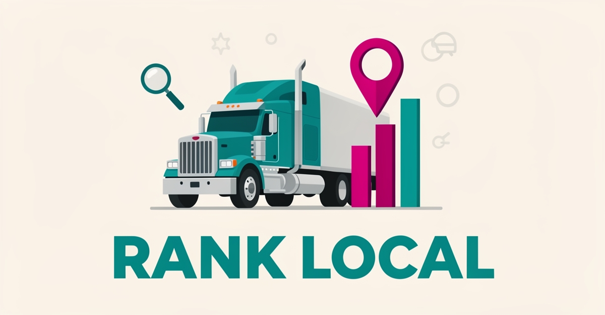 Flat illustration of a diesel truck with a map pin and rising ranking bars symbolizing local SEO for heavy duty repair shops.