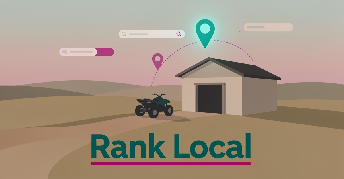 Flat illustration of a rural ATV repair shop with a glowing location pin and search icons in teal and magenta, headlined Rank Local.