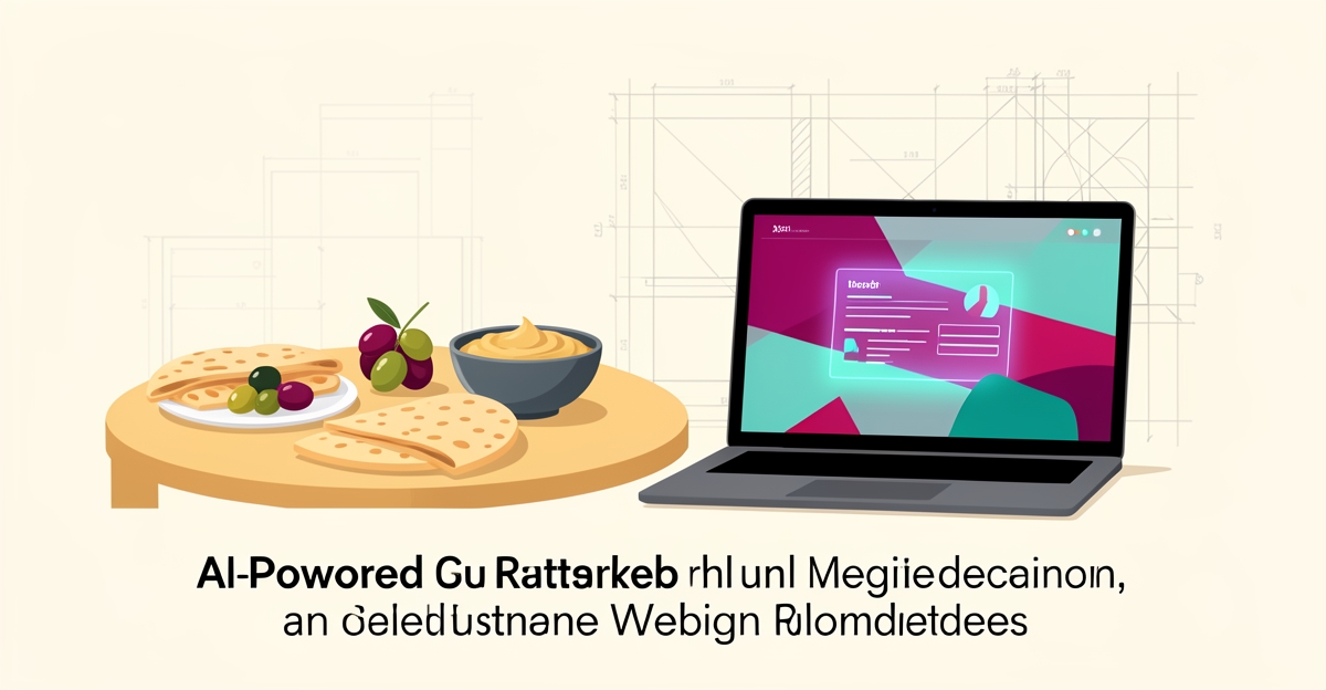 Flat illustration of a Mediterranean restaurant table with hummus and a laptop showing an AI-powered website, accented in teal and magenta.