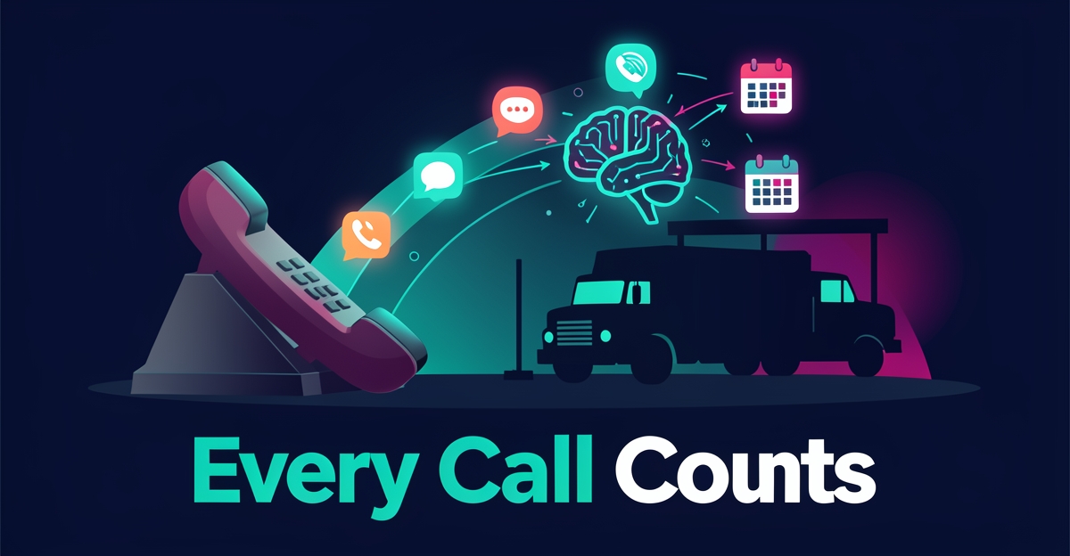 Flat illustration of an AI assistant catching missed phone calls for a truck body shop, converting them into booked appointments in teal and magenta.
