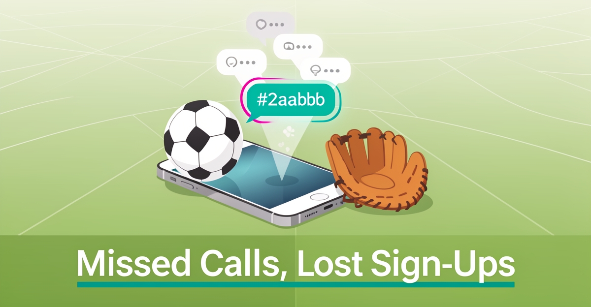 Flat illustration of a phone on a sports field with missed call bubbles, symbolizing lost youth sports registrations.