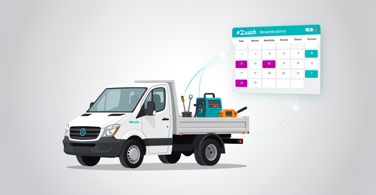 A mobile welding truck at a job site connected to a floating digital calendar showing real-time availability, with brand-colored accents, illustrating dynamic lead generation for service businesses.