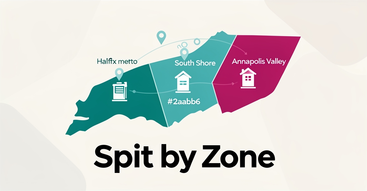 Flat illustration of a Nova Scotia map divided into three zones with battery storage icons, headline reading Split by Zone.