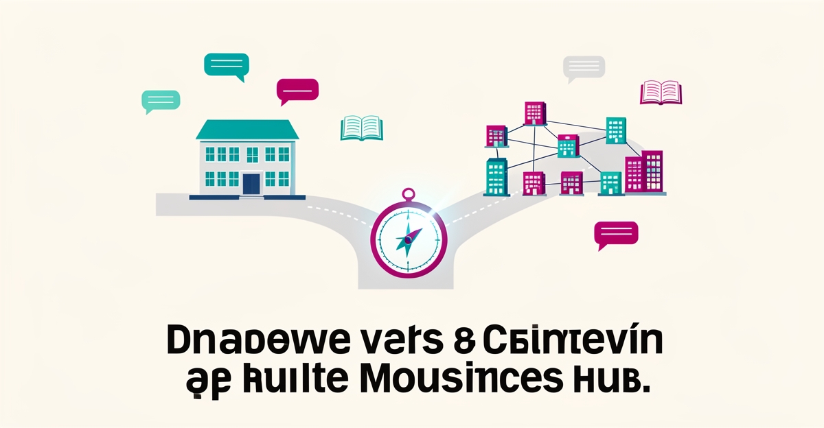 Flat illustration of a crossroads between a dedicated ESL school website and a multi-service hub, with teal and magenta accents and a Clarity Wins headline.
