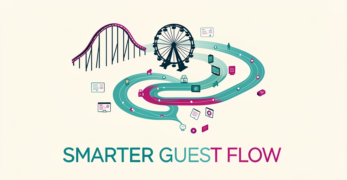 Flat illustration of an amusement park with queue lines flowing into digital data streams, symbolizing AI-optimized guest flow management.