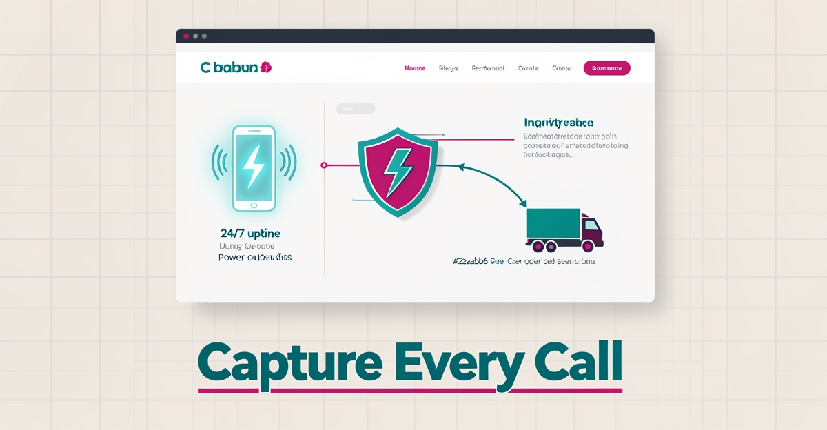 Flat illustration of a disaster restoration website command center capturing phone leads with AI routing, brand teal and magenta accents.