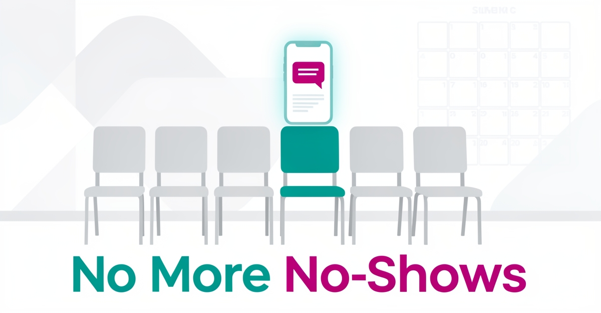 Flat illustration of an empty clinic waiting room chair with a smartphone SMS reminder icon in teal and magenta, symbolizing reduced no-shows through smart scheduling.