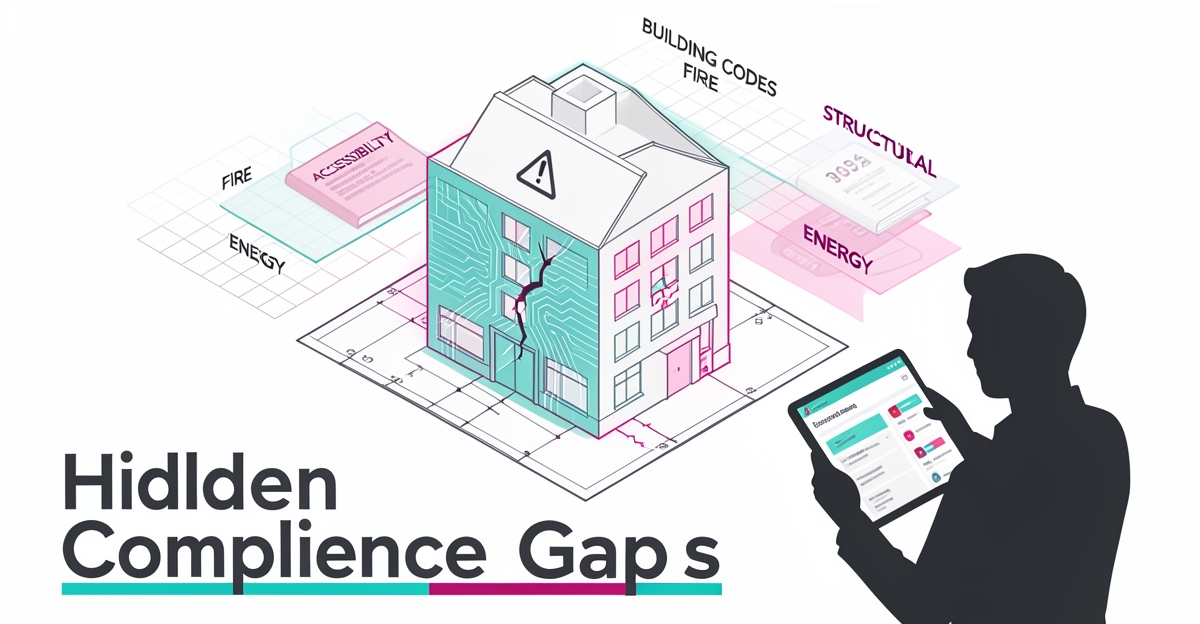 Flat illustration of a building blueprint with compliance gaps highlighted by AI scan lines in teal and magenta, a consultant reviewing a dashboard, and shifting code layers representing multi-jurisdictional updates.