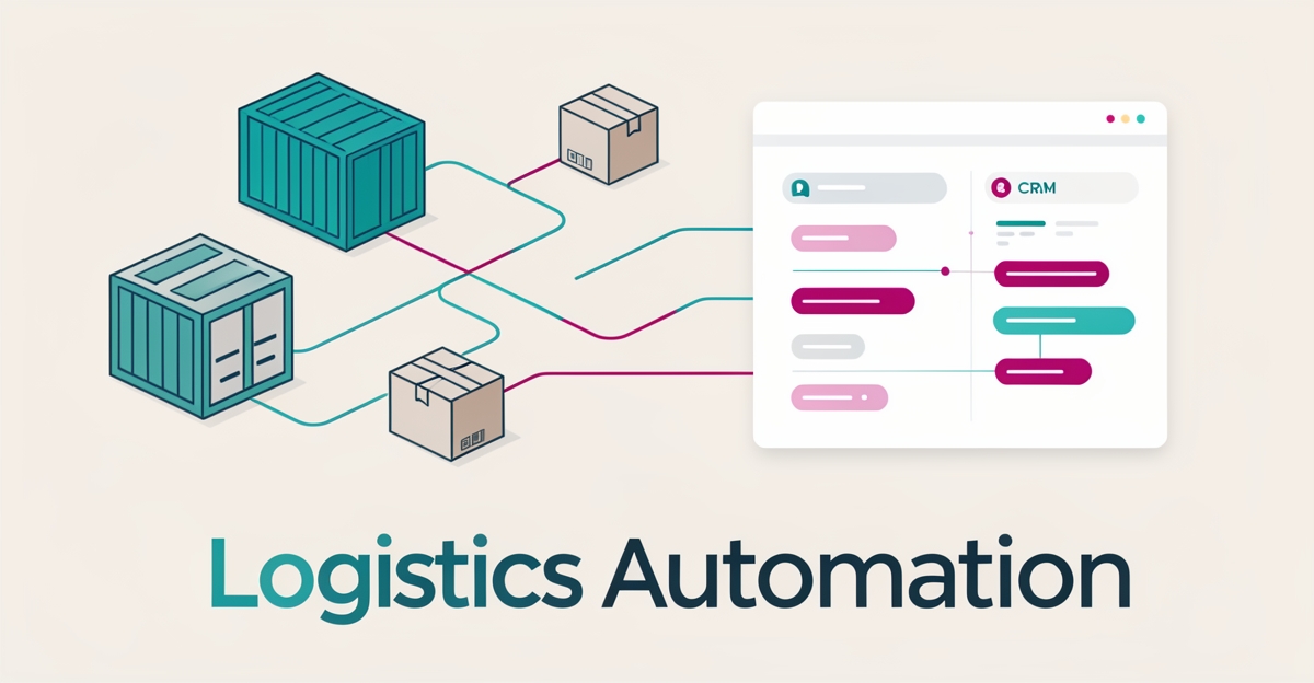 Flat illustration of logistics automation with parcels, routes and CRM chat nodes accented in teal and magenta.