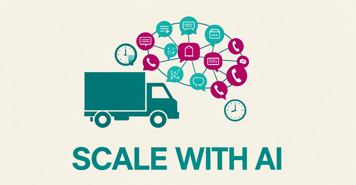 Flat illustration of a moving truck connected to chat and phone icons representing AI-powered 24/7 client communications.
