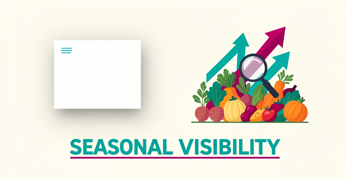 Flat illustration of a fading static website beside rising seasonal organic produce with growth arrows, symbolizing seasonal search visibility gains.