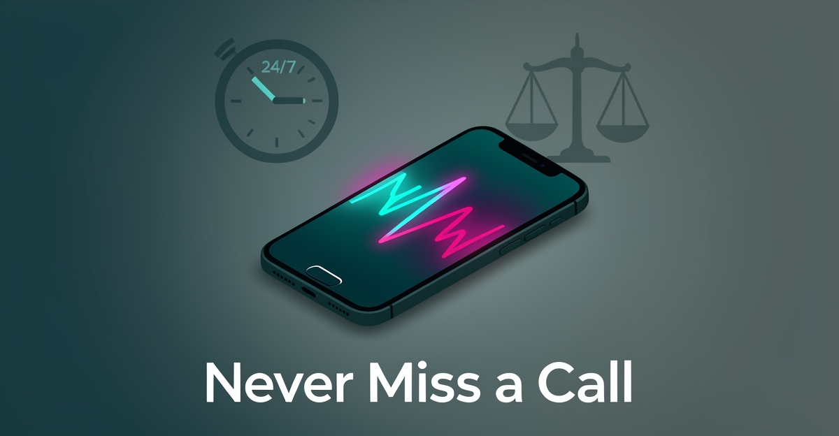 Flat illustration of a glowing smartphone with a call waveform, clock, and justice scales symbolizing 24/7 AI call answering for law firms.
