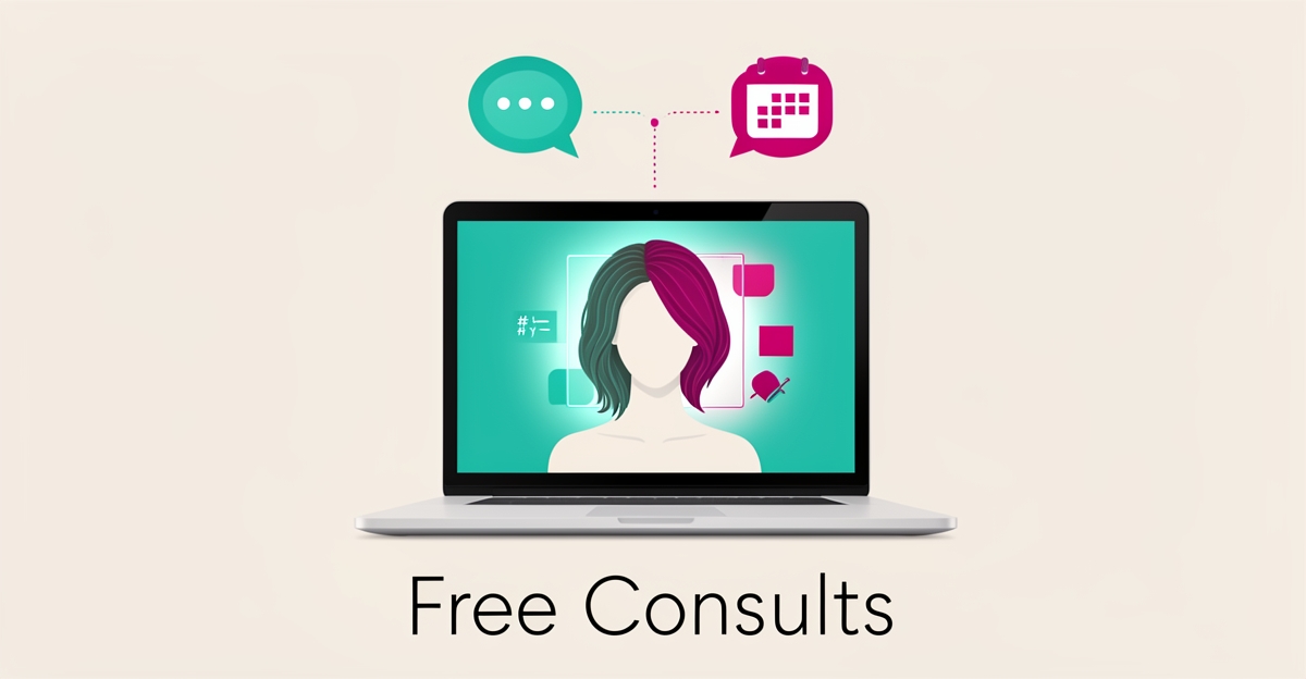 Flat illustration of a laptop showing a virtual wig try-on and chat consultation interface with teal and magenta accents.
