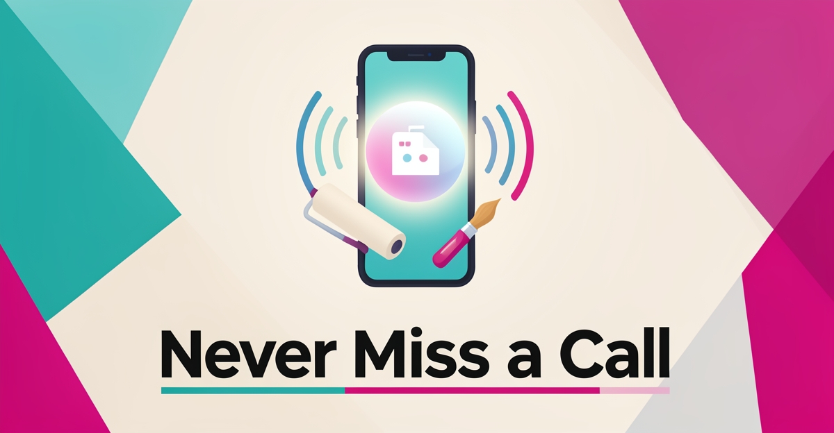 Flat illustration of a smartphone with AI assistant waves beside mural painting tools, accented in teal and magenta with the headline Never Miss a Call.