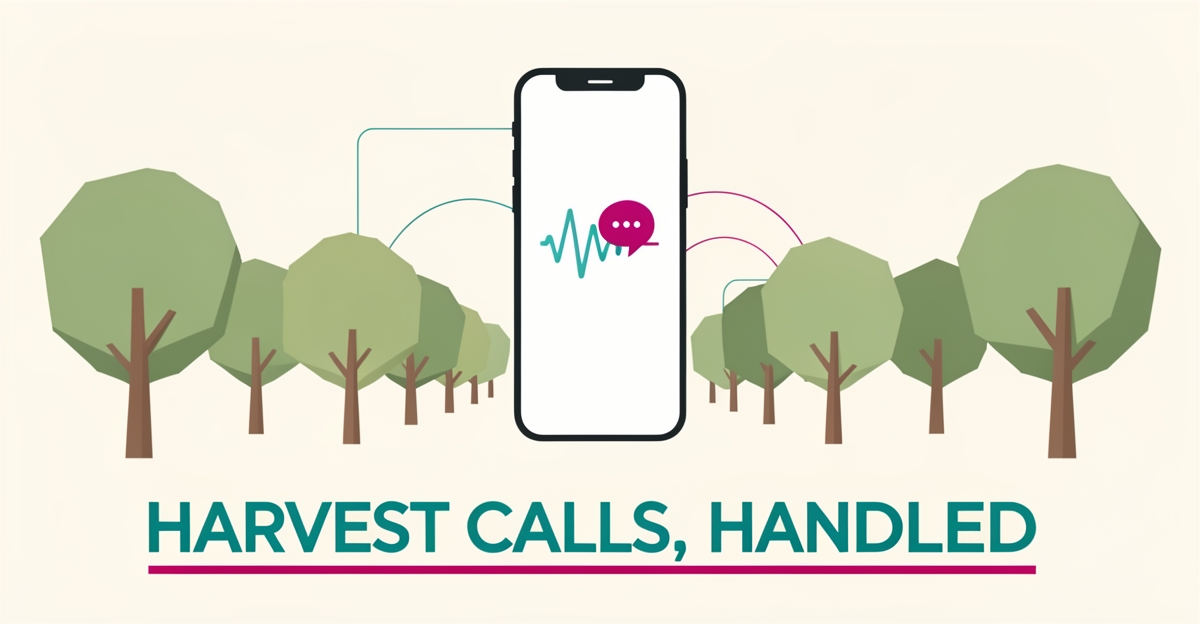 Flat illustration of a smartphone with voice AI soundwaves hovering over a minimalist orchard, symbolizing automated harvest-season call handling.