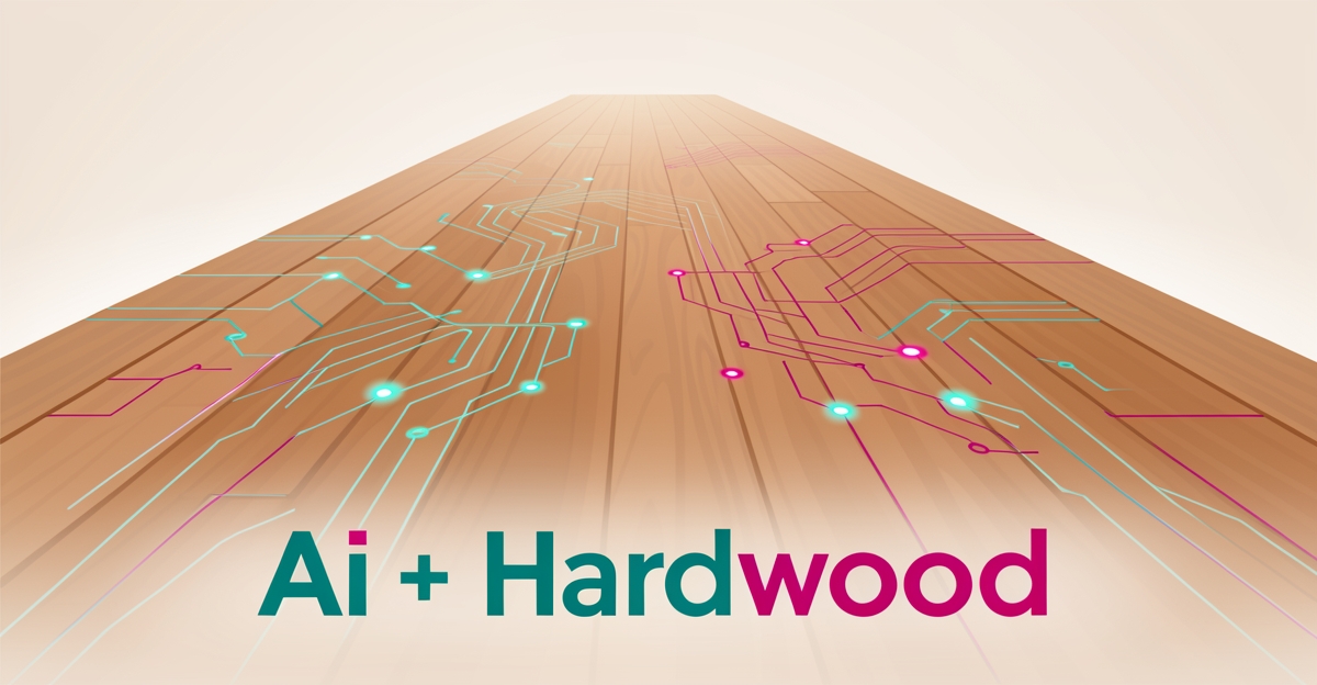 Flat illustration of hardwood floor planks merging with glowing AI circuit lines in teal and magenta, symbolizing AI content creation for flooring businesses.