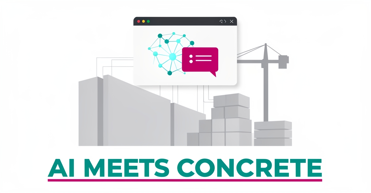 Flat illustration of a precast concrete facility connected to an AI-powered website interface with teal and magenta accents, headlined AI Meets Concrete.