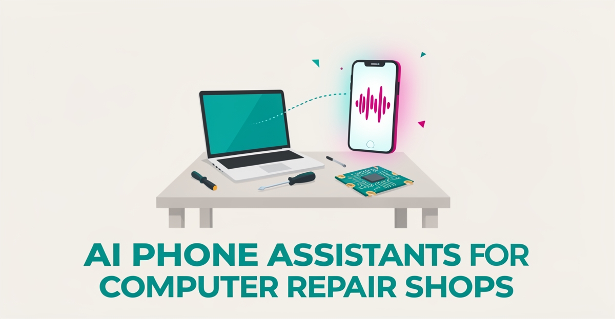 Flat illustration of a computer repair workbench with a smartphone and AI voice assistant icon in teal and magenta, with headline Never Miss a Call.