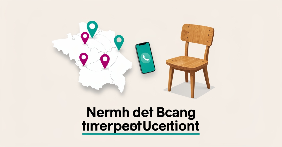 Flat illustration of a local service area map with location pins, a custom wooden chair, and a phone call icon in teal and magenta brand colors.