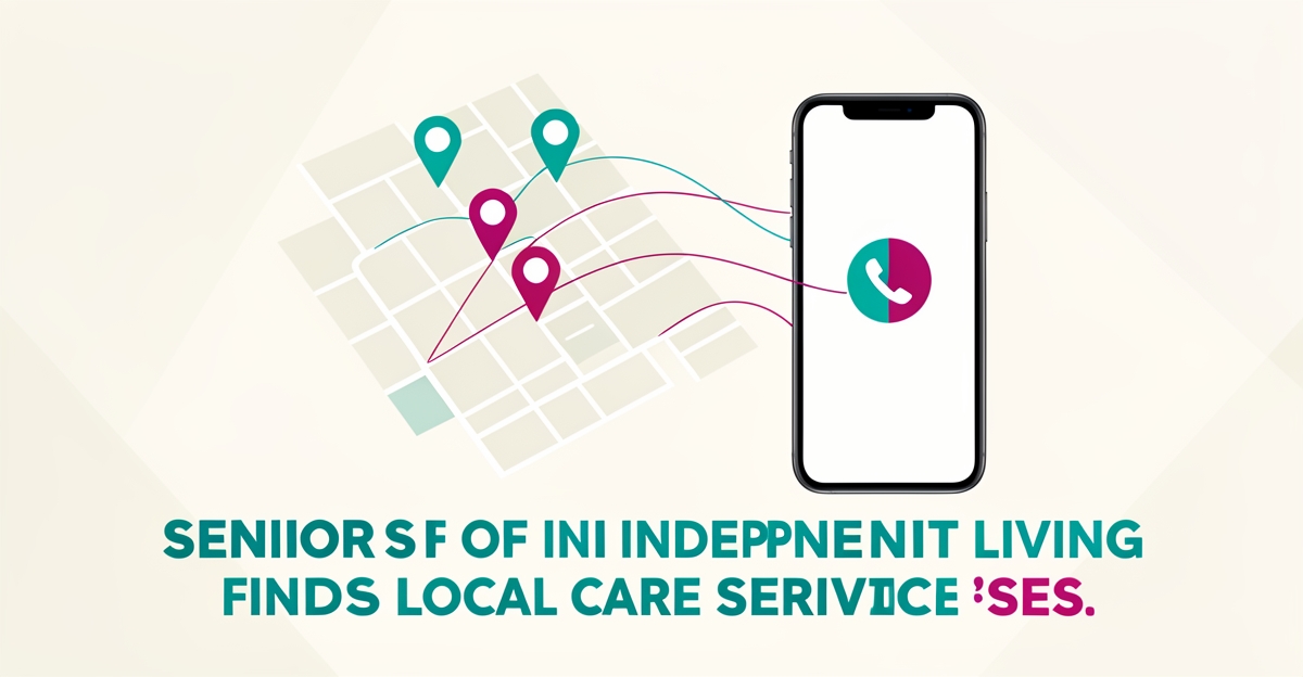 Flat illustration of a neighborhood map with location pins connecting to a smartphone call button, representing local service pages driving calls from seniors in independent living.