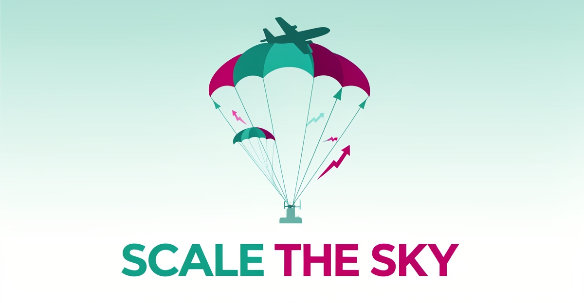 Flat illustration of parachutes descending from a plane with teal and magenta growth arrows, headlined Scale the Sky.