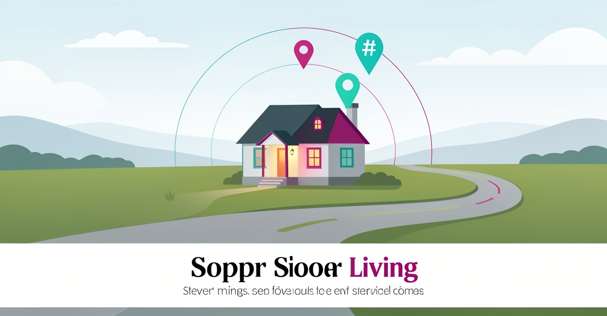 Minimalist flat illustration of a rural sober living home with map radius highlighting accurate service area marketing.
