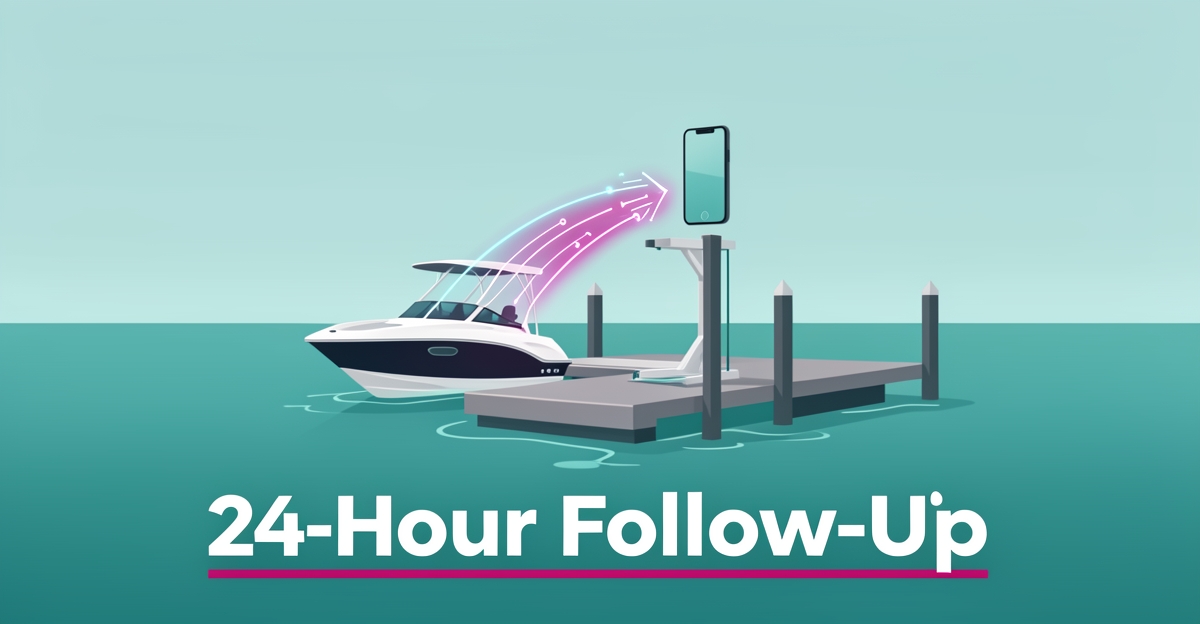 Flat illustration of a boat lift on teal water with glowing AI signal lines and a magenta speed streak, headlined 24-Hour Follow-Up.