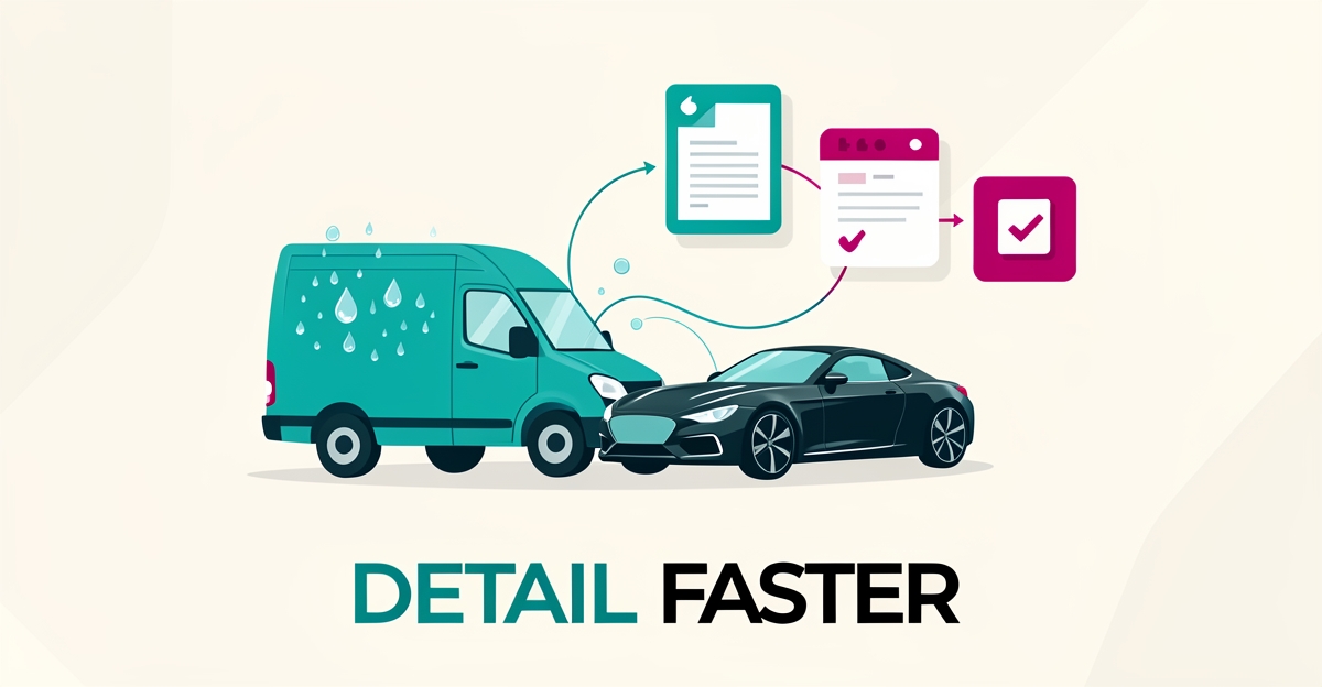 Flat illustration of a mobile detailing van linked to digital quote, scheduling, and invoice icons in teal and magenta with the headline Detail Faster.
