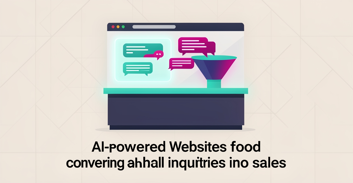 Flat illustration of an AI chatbot converting food hall inquiries into sales through instant automated replies and a sales funnel.