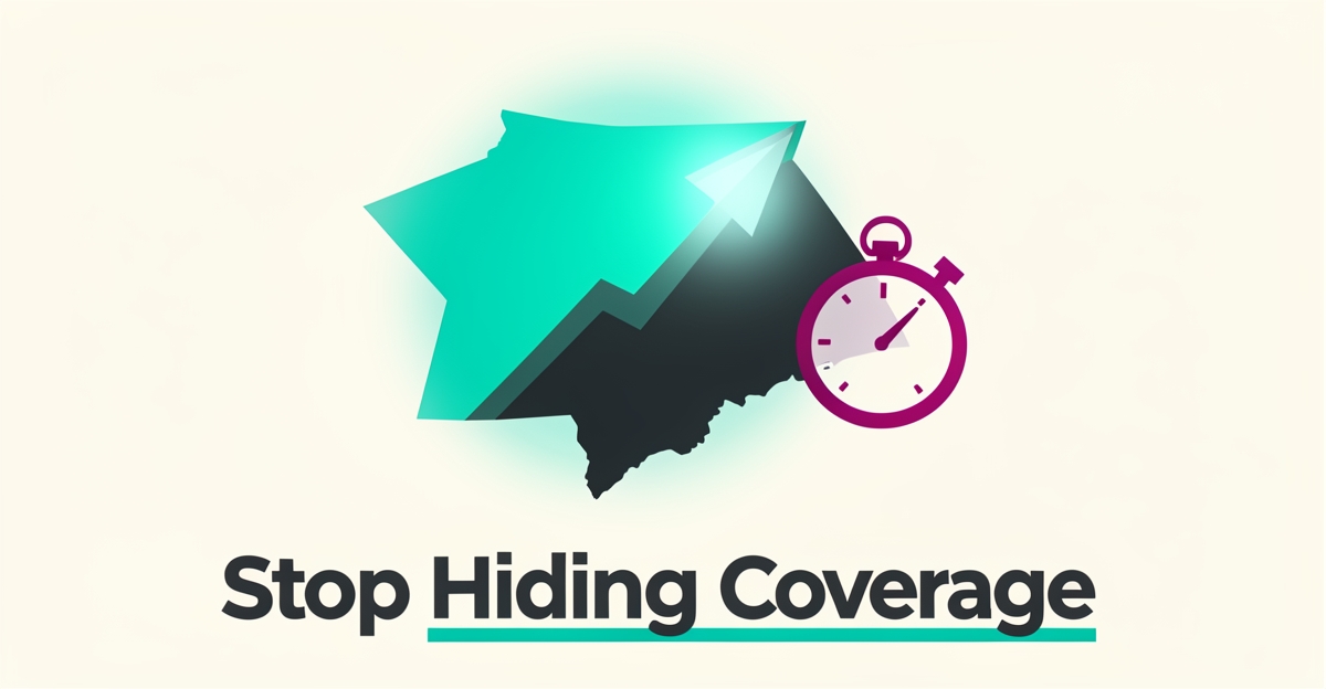 Flat illustration of a service map with a glowing coverage zone partially hidden by shadow beside a stopwatch, symbolizing hidden service areas and turnaround times.