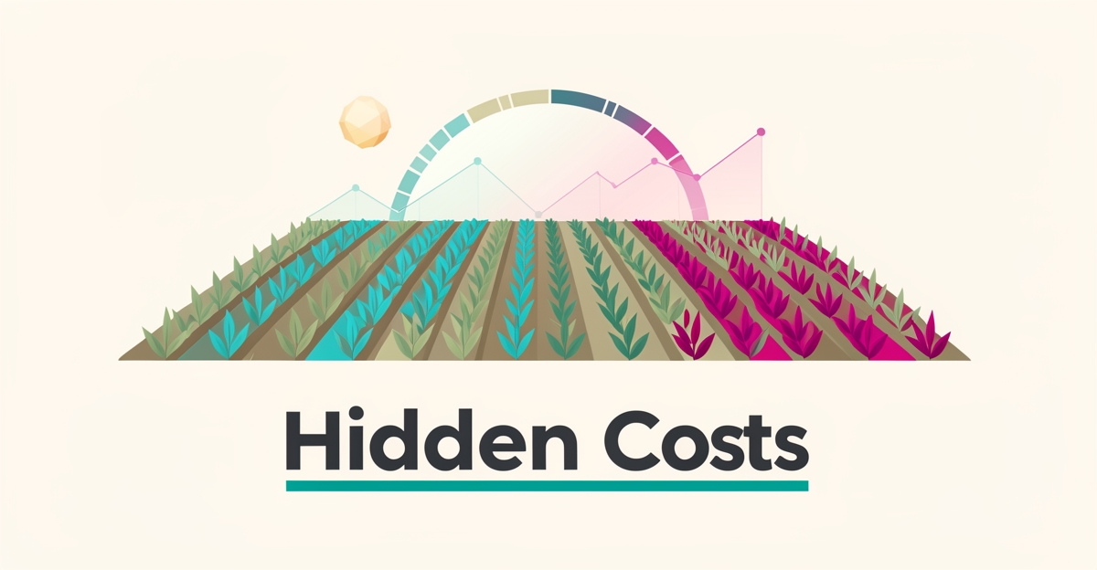 Flat illustration of a crop field with a progress bar overlay symbolizing hidden harvest progress data, accented in teal and magenta.