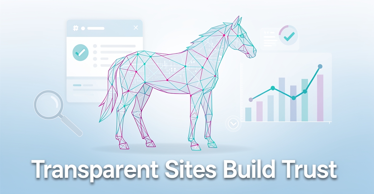 A minimalist flat illustration of a horse made of digital lines and data patterns, symbolizing transparent AI-powered websites in the equine industry, with brand color accents and a headline about trust