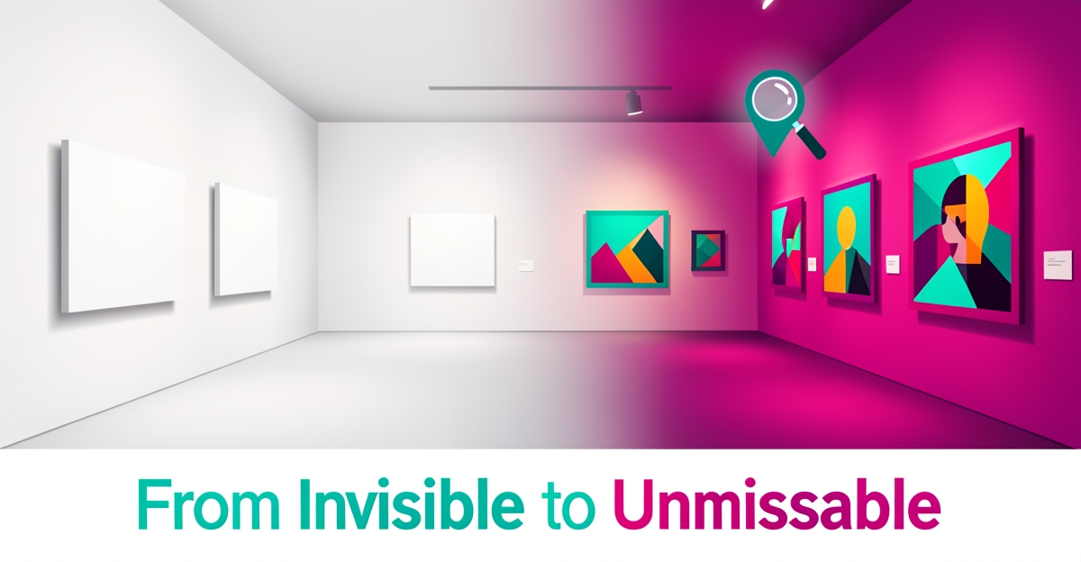 Flat illustration of a dim empty gallery transforming into a brightly lit visible exhibition, symbolizing AI-driven websites rescuing seasonal art exhibitions.