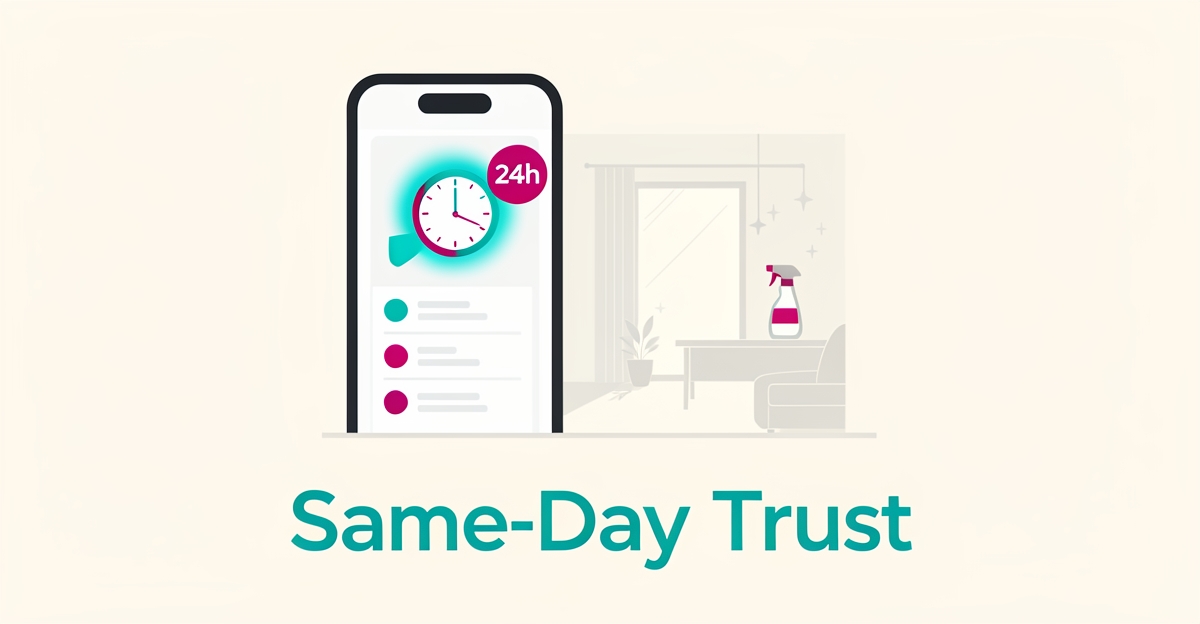 Flat illustration of a smartphone booking screen with a 24-hour clock badge beside a sparkling clean home, symbolizing visible turnaround times building customer trust.