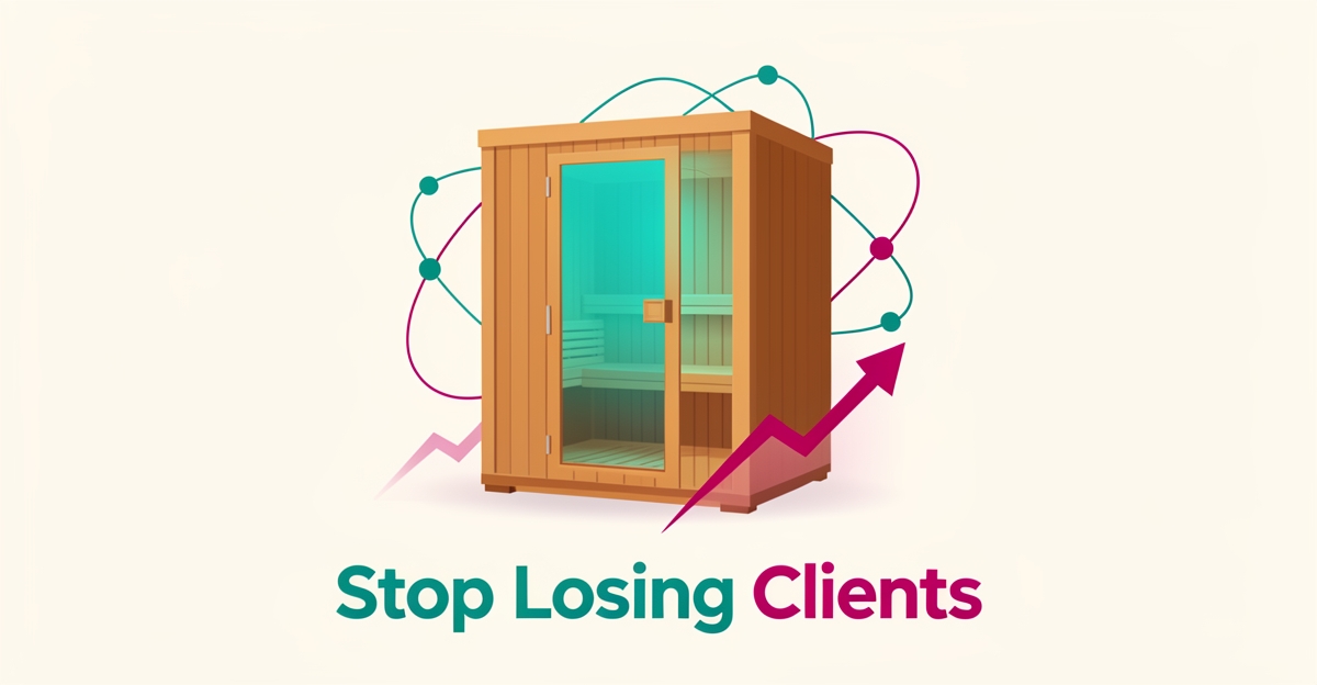 Flat illustration of an infrared sauna with AI connection loops in teal and magenta, symbolizing automated client retention follow-up.