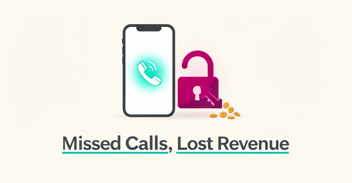 Flat illustration of a ringing smartphone beside a padlock and falling revenue arrow, symbolizing missed calls costing locksmiths money.