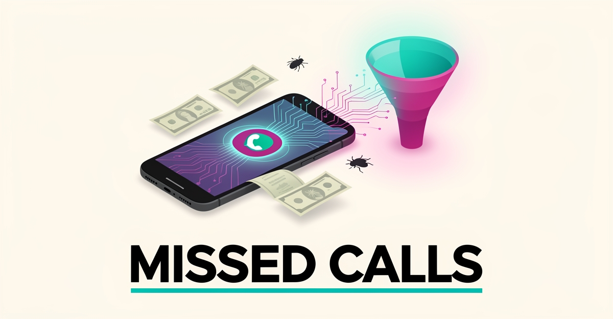 Flat illustration of a smartphone with missed call notification, fading money, and AI circuit lines symbolizing lost pest control revenue.
