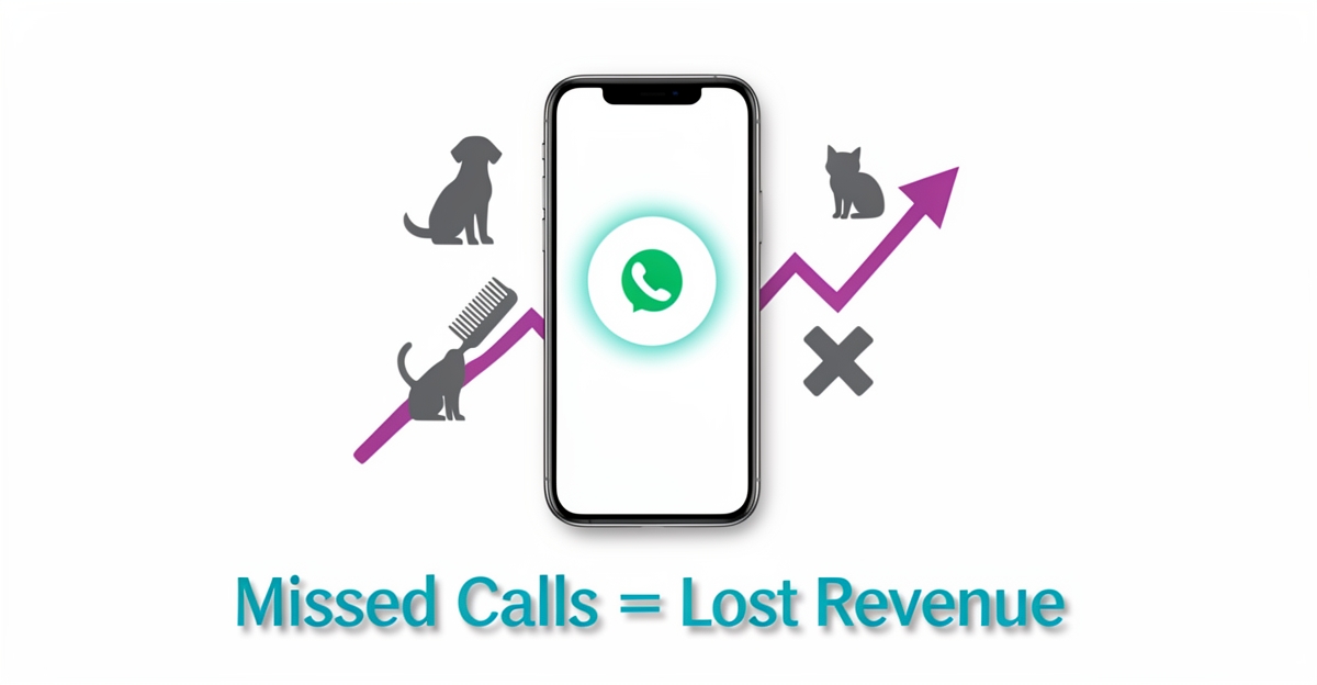 Flat illustration of a smartphone with missed call alert, pet service icons, and upward chart line in brand colors, highlighting lost revenue from missed calls.