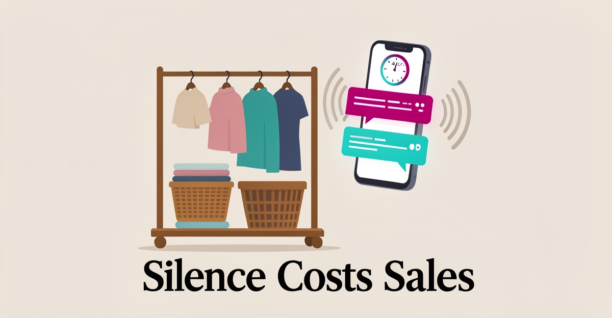 Flat illustration of thrift store items and a smartphone with chat bubbles showing AI support preventing lost sales.