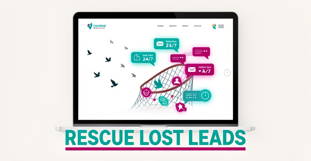 Flat illustration of a bird control website with AI chat bubbles instantly capturing leads, headlined Rescue Lost Leads.
