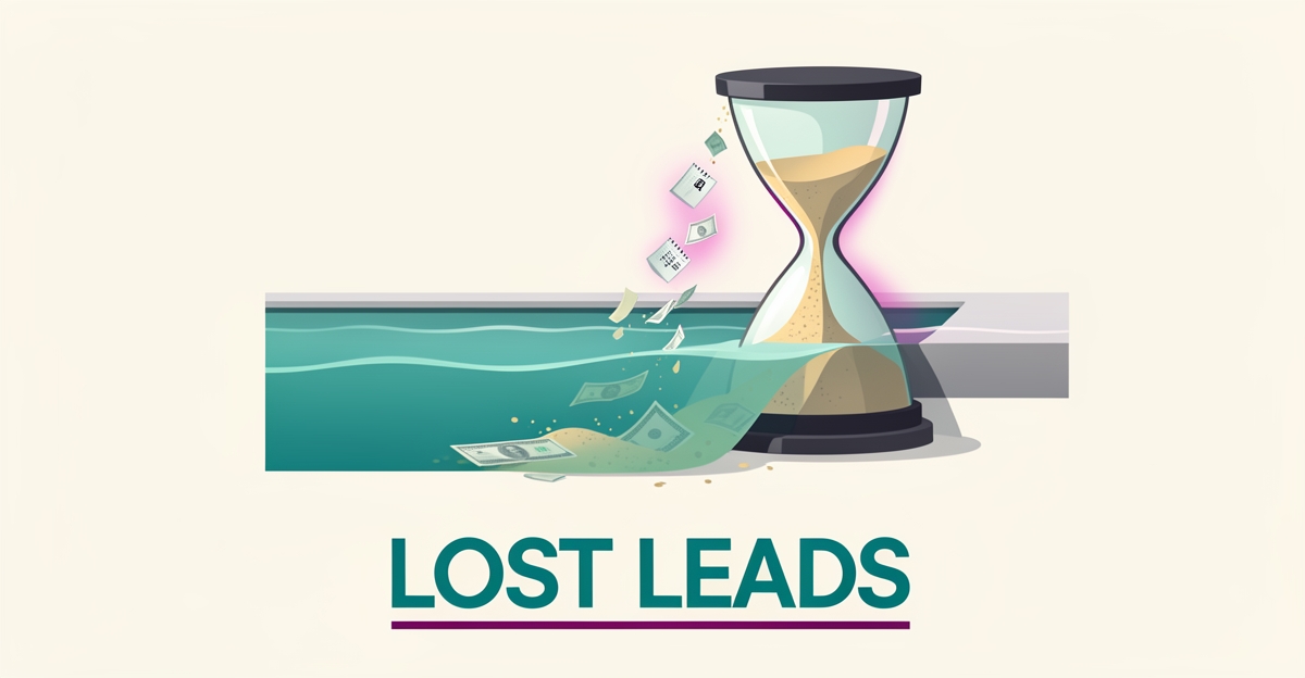 Flat illustration of an hourglass with money draining away beside a swimming pool, symbolizing revenue lost to slow booking response times.