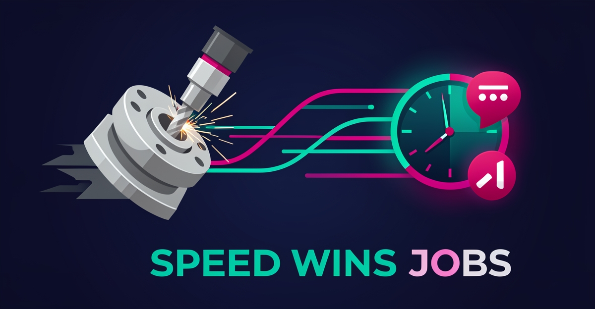 Flat illustration of a CNC-machined part linked to a clock icon with teal and magenta speed lines, symbolizing fast AI lead follow-up, with the headline 'Speed Wins Jobs'.