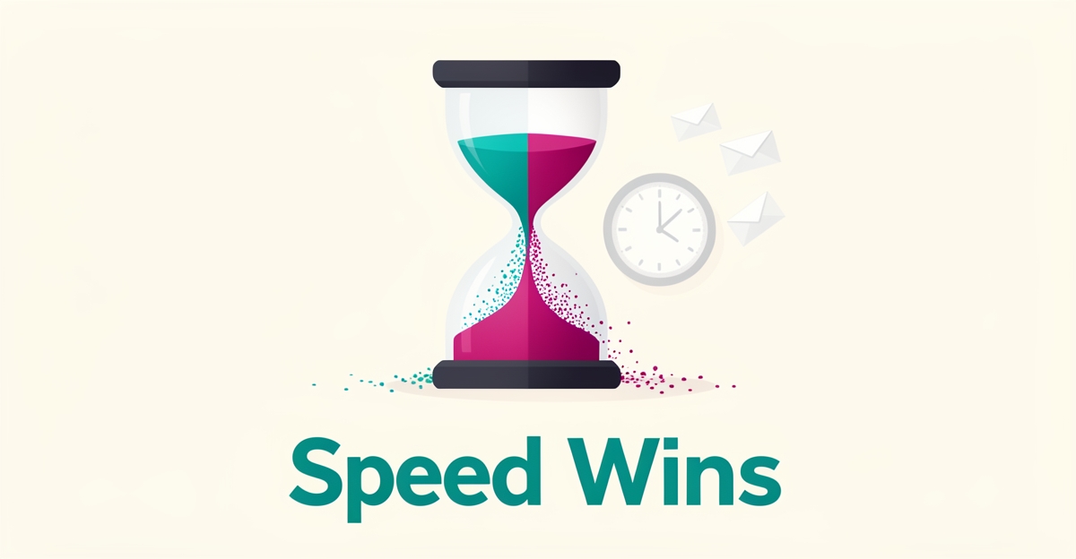 Flat illustration of an hourglass with teal sand draining and dissolving envelopes, symbolizing lost leads from slow response times.