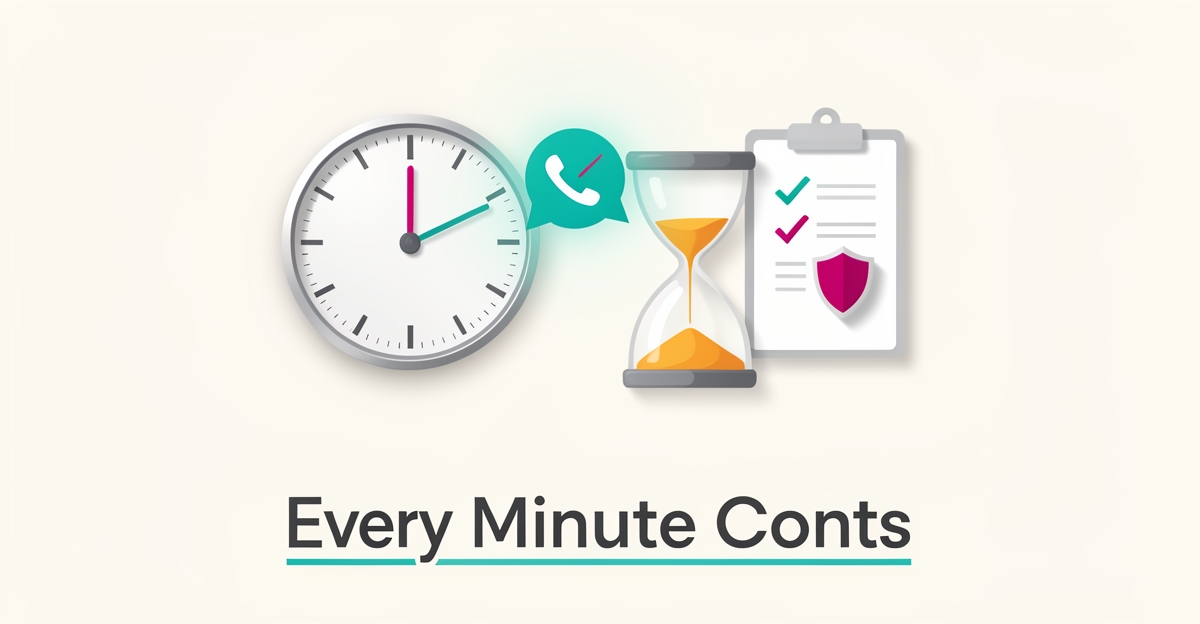Flat illustration of a midnight clock, missed call icon, and hourglass symbolizing the cost of slow response times in food safety consultancy.