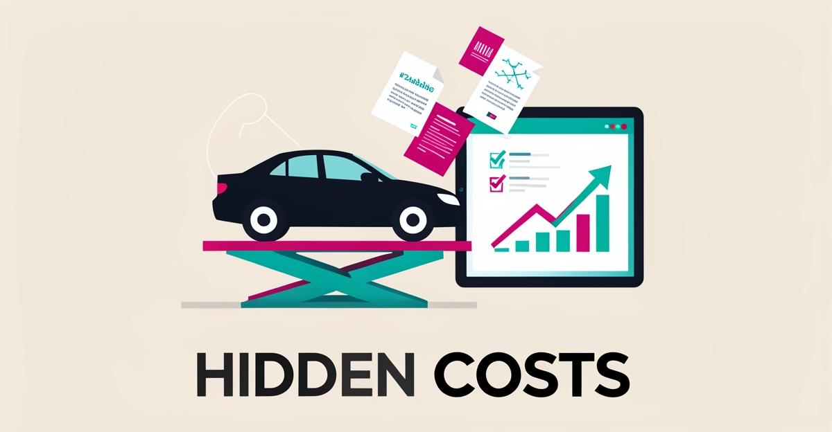 Flat illustration of scattered paper repair quotes transforming into a digital tablet dashboard beside a car on a service lift, accented in teal and magenta.