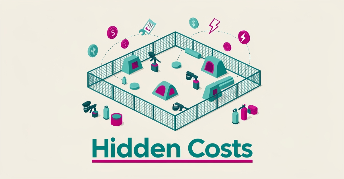 Flat illustration of a paintball field and gear with floating cost icons, highlighting the hidden expenses of running a paintball facility.